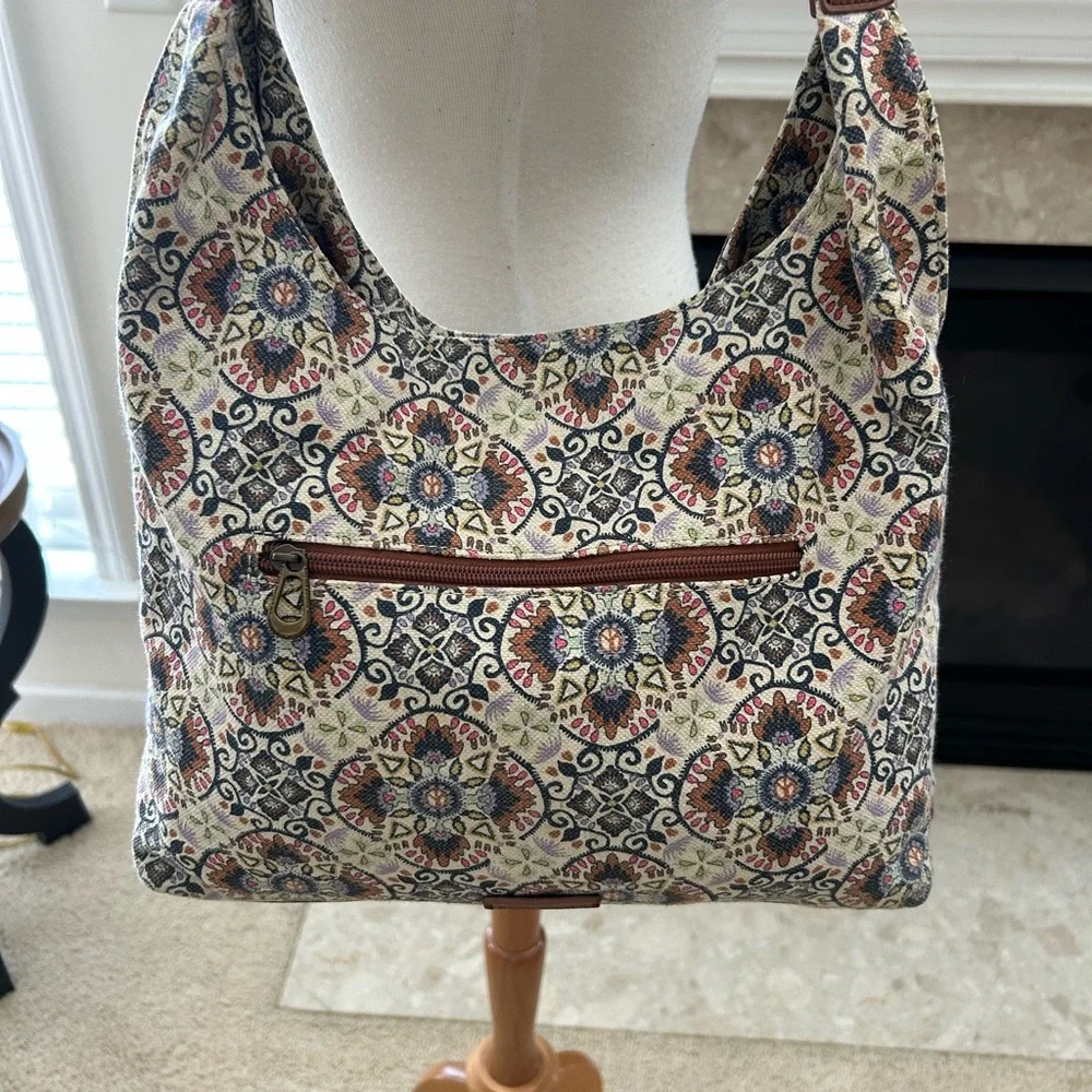 Sakroots Atlas Hobo Mosaic Cambria Print Hobo Bag with Brown Leather Straps